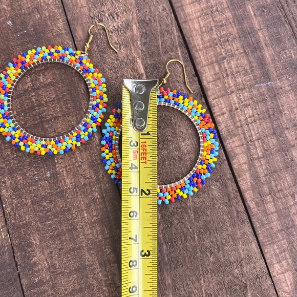 Handmade Multicolored Seed Bead Hoop Dangle Earrings - Picture 2 of 2
